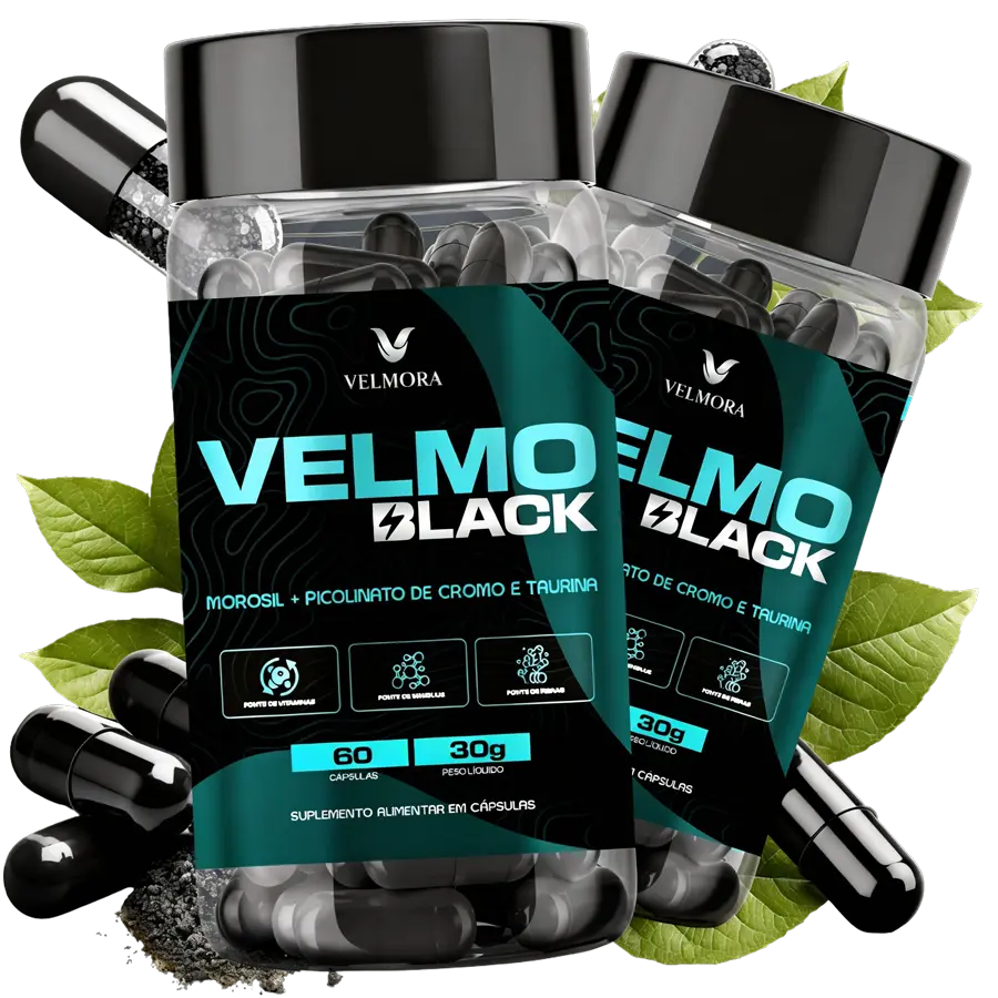 Potes de Velmo Black cápsulas com cápsulas pretas e folhas